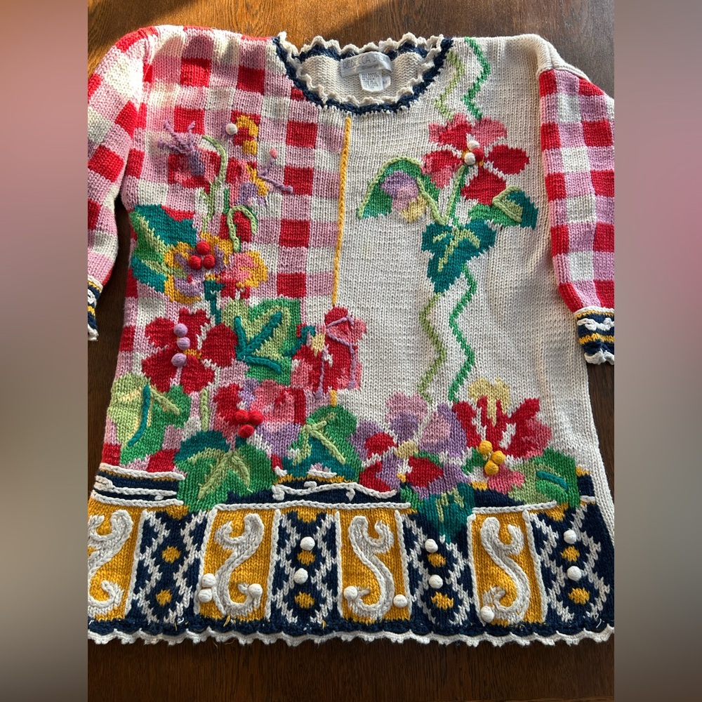 Colorful Rebecca Stone Floral Sweater, M.  W/crocheted edges, embroidered detail